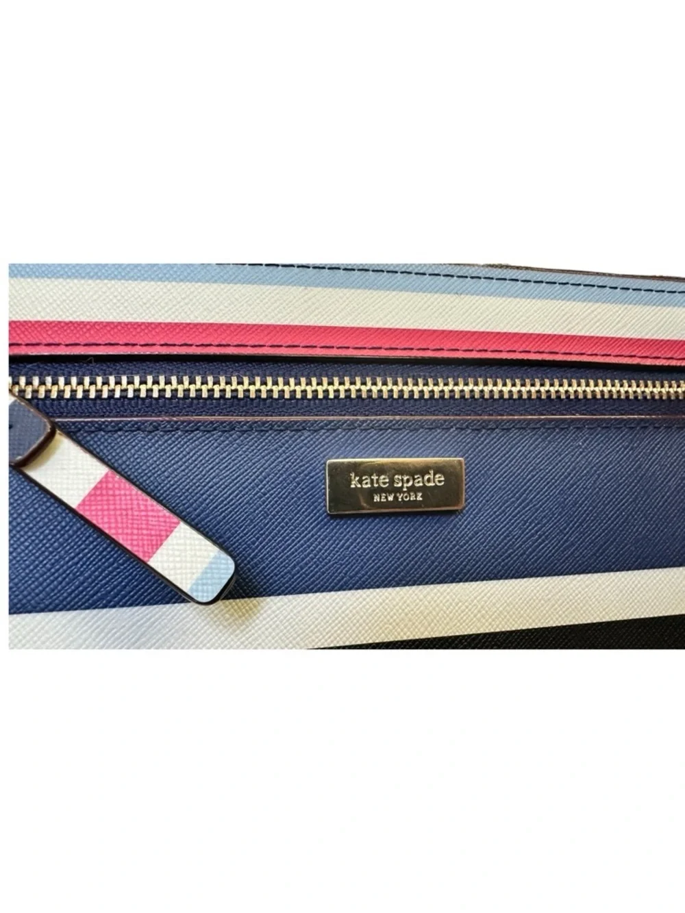 Kate Spade Striped Saffiano Leather Wristlet Blue Multi Zip Pouch Clutch NWOT